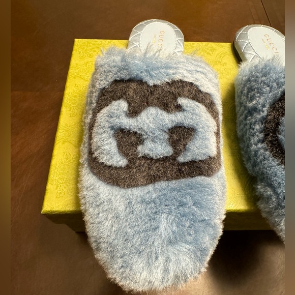 New Gucci GG Faux Fur Slip On Slides Blue Black Size 38 / US 8 - Picture 3 of 15